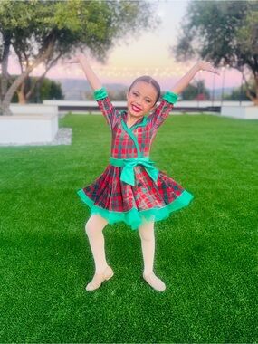 Girls' Holiday Plaid Dress Costume with Green Trim